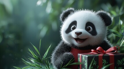 Fototapeta premium Adorable smiling panda in a red T-shirt with a green bamboo leaf design, sitting next to a black gift box with bamboo leaf pattern and red ribbon on a lush green background.