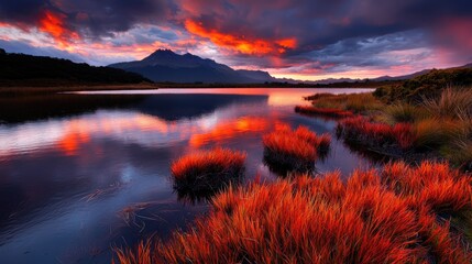 Naklejka premium Vibrant sunset reflecting on calm lake water, surrounded by red grasses and mountains.
