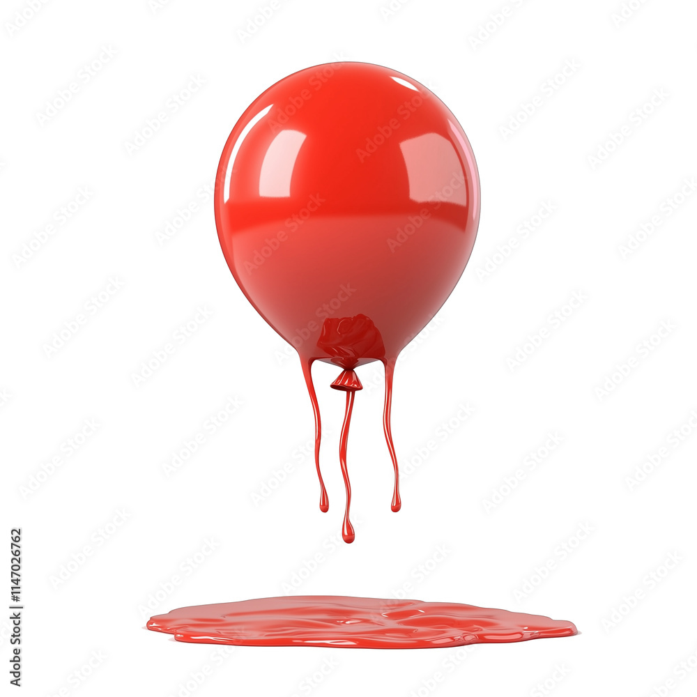 Fototapete red balloon appears to be melting, with liquid dripping down and pooling beneath it, creating surrea
