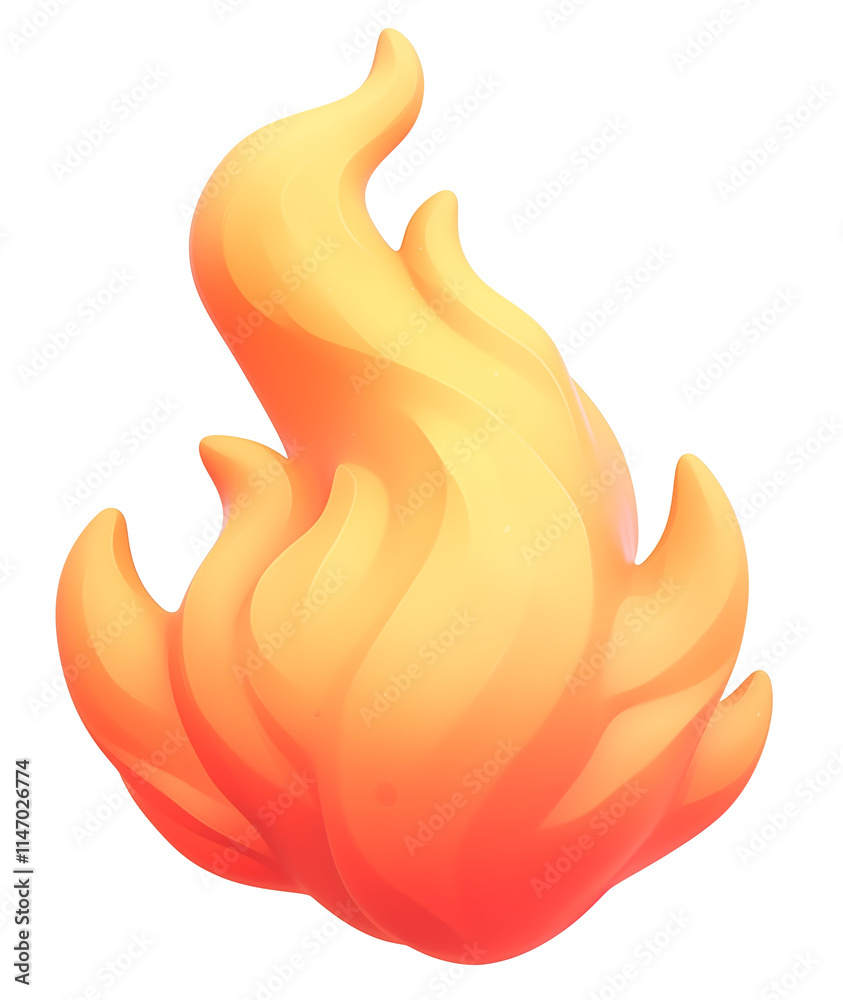 Poster vibrant 3D cartoon flame with smooth gradients and soft edges, isolated on transparency background, evoking warmth and energy