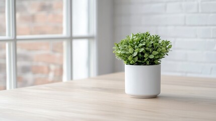 Fototapeta premium Small green plant in white pot on wooden table by window.