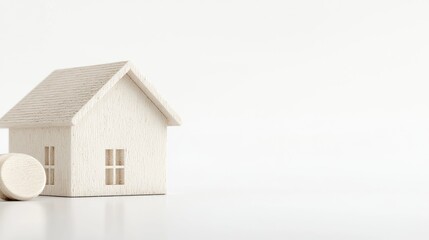 Fototapeta premium Small white house model with round objects on white background.