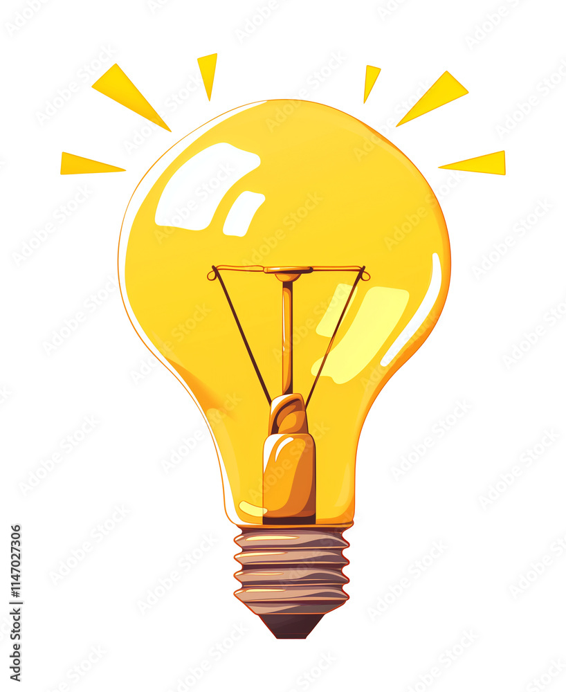 Poster glowing yellow lightbulb with bright filament and radiating light rays, isolated on transparency bac