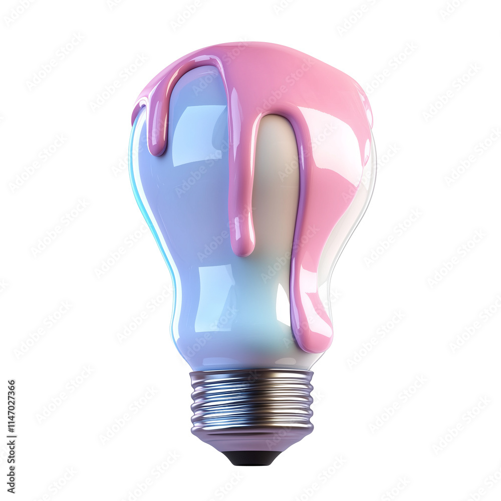 Poster 3d rendered lightbulb with glossy pastel pink and blue melting effect, isolated on transparency back