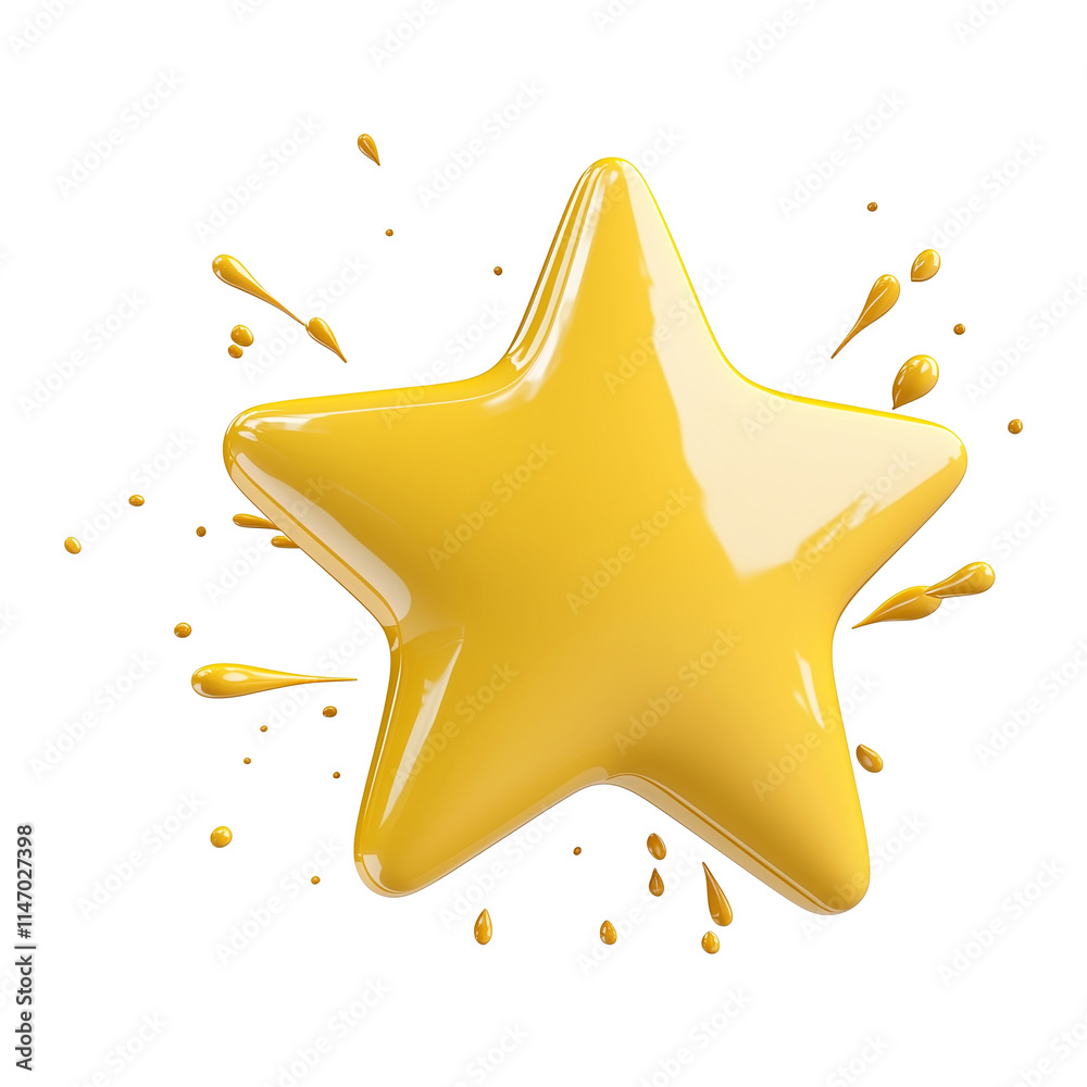 Aufkleber shiny yellow 3d star with smooth edges and paint splashes, isolated on transparency background, crea