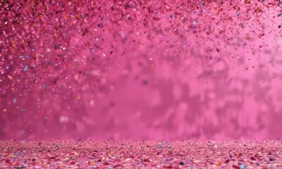 Bright pink backdrop, multicolored confetti descends dynamically , falling confetti pink, magenta, falling