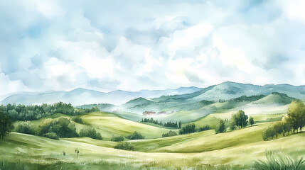 Serene light watercolor landscape featuring rolling green hills, misty valleys, and wispy trees set against a soft, dreamy blue sky with gentle clouds. Misty. Illustration