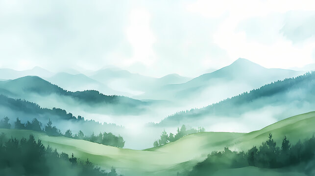Serene light watercolor landscape featuring rolling green hills, misty valleys, and wispy trees set against a soft, dreamy blue sky with gentle clouds. Misty. Illustration