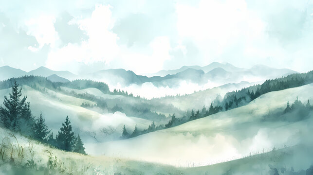 Serene light watercolor landscape featuring rolling green hills, misty valleys, and wispy trees set against a soft, dreamy blue sky with gentle clouds. Misty. Illustration