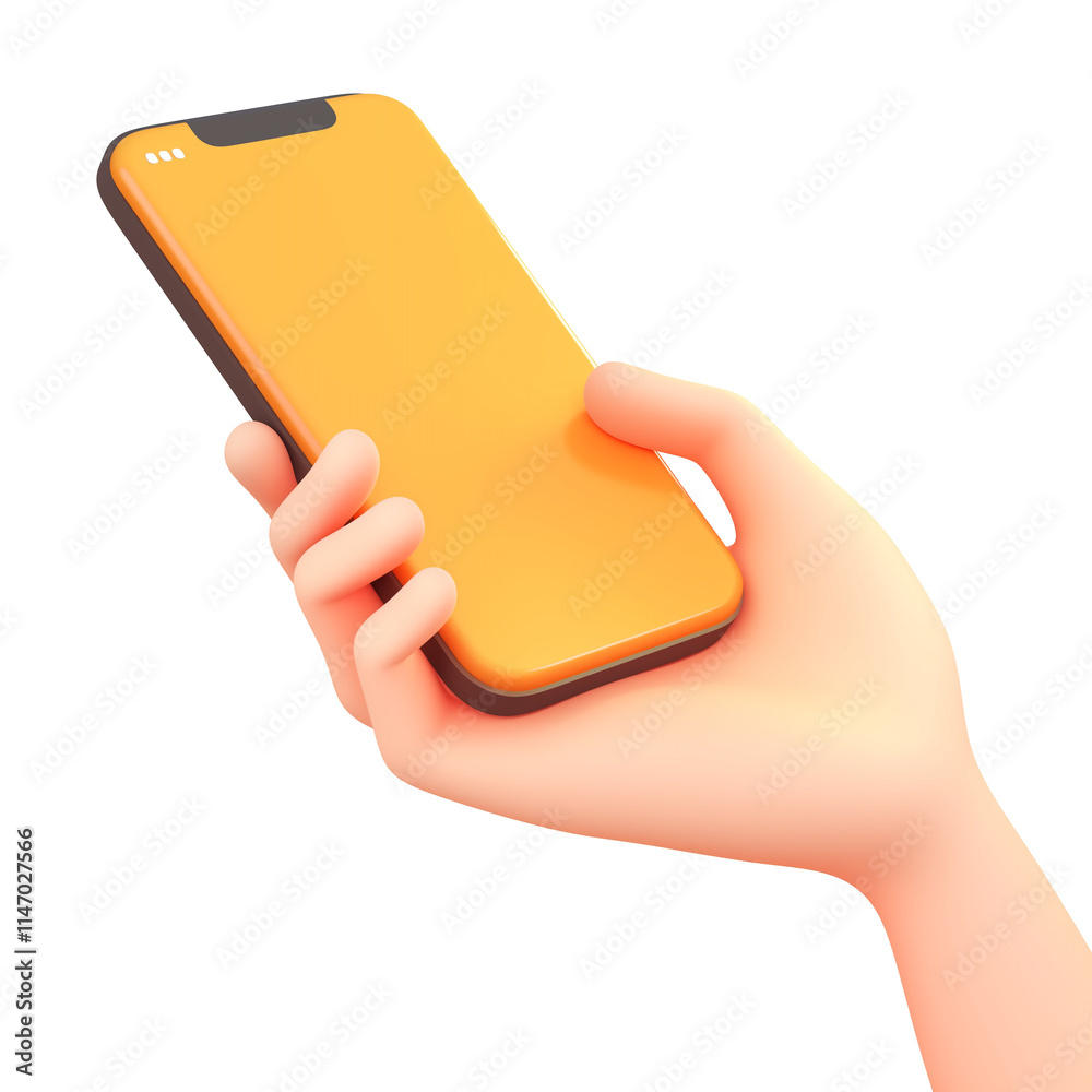 Poster 3d cartoon hand holding smartphone with blank orange screen, isolated on transparency background. de