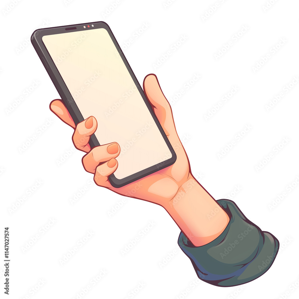 Poster 3d cartoon hand holding smartphone with blank screen, isolated on transparency background, showcasin