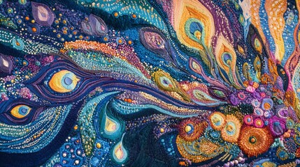 Fototapeta premium Vibrant textile artwork; swirling, textured, colorful design.