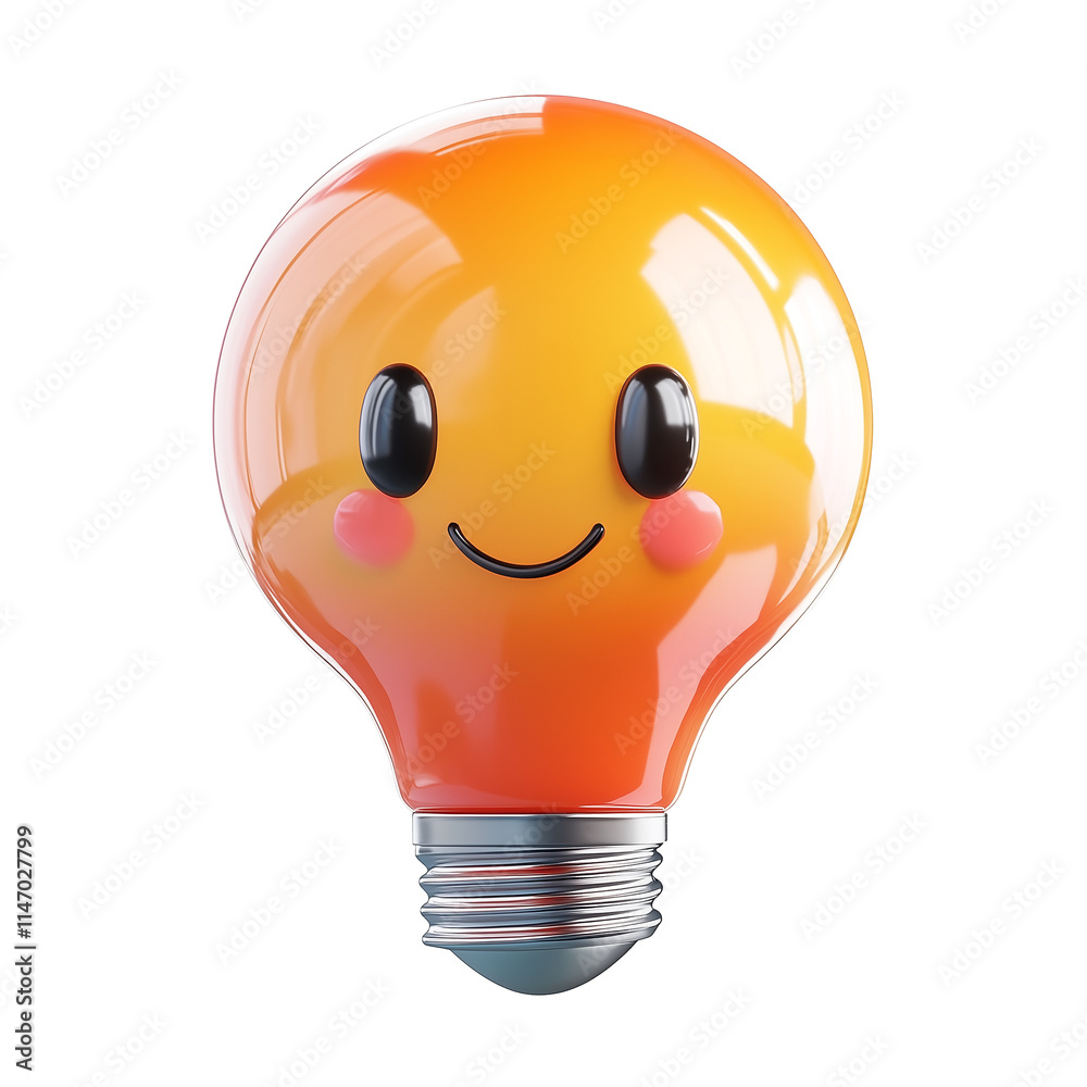 Poster cheerful 3d cartoon light bulb with smiling face, featuring glossy orange and yellow gradient design