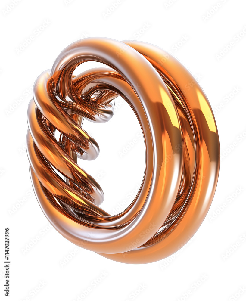 Poster 3d illustration of magnetic coil with metallic copper finish, featuring complex, intertwined design,
