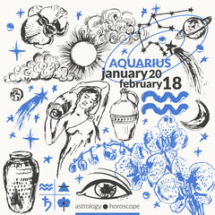 Hand drawn aquarius zodiac sign illustration, horoscope background with astrology symbols and talismans.