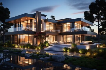 Fototapeta premium 3D illustration of a newly built luxury home with glass walls and a swimming pool.