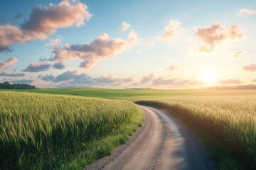 Fototapeta premium Country road and green wheat fields at sunrise