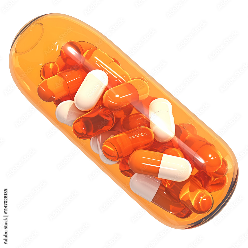 Poster transparent orange capsule filled with smaller orange and white pills, isolated on transparency back