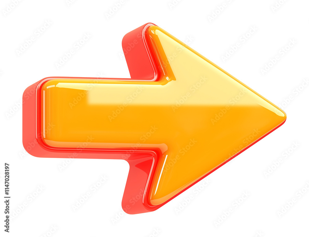 Aufkleber 3D yellow arrow with red outline pointing to right, isolated on transparency background, symbolizing direction or navigation with vibrant and modern design