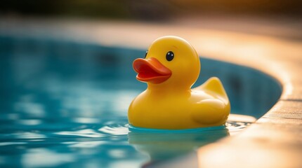 Bright yellow rubber duck floating in a swimming pool during sunset