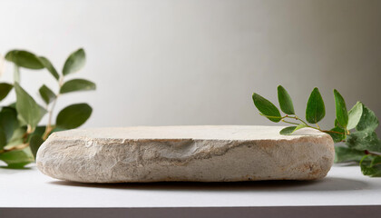 Stone podium with natural textures. Pedestal for product presentation, minimalist backdrop. Mock-up.