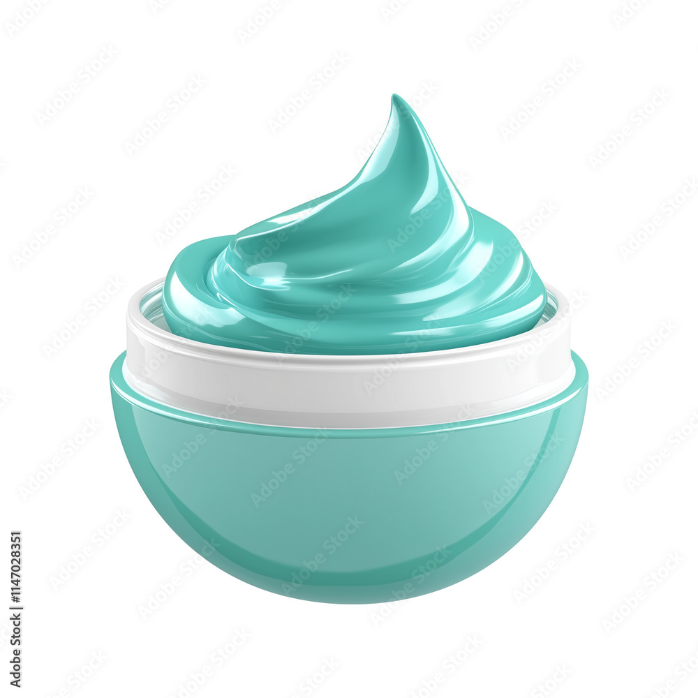 Poster turquoise cream in round container with white lid, isolated on transparency background, showcasing smooth and glossy texture. Perfect for skincare or cosmetic product concepts