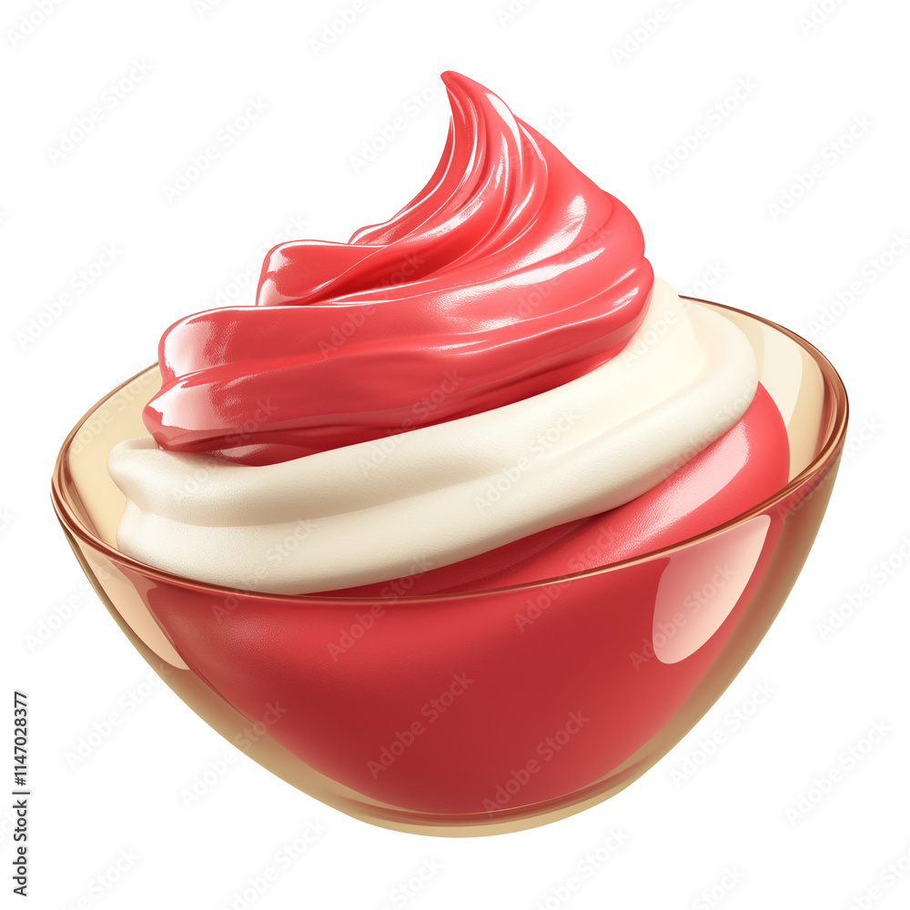 Poster swirl of red and white creamy dessert in transparent glass bowl, isolated on transparency background