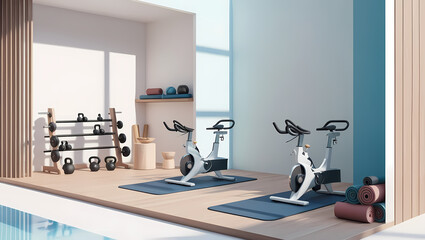 A person performs yoga stretches in a minimalist contemporary living room with large windows, showcasing clean lines and natural light

