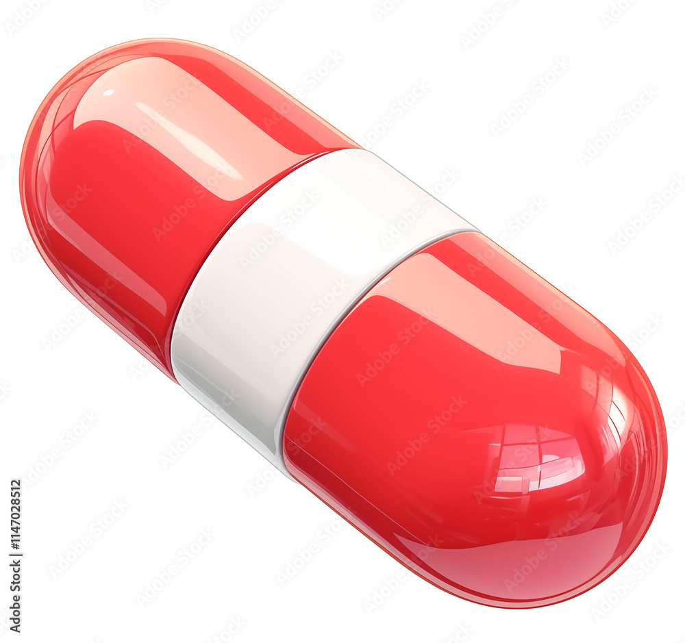 Poster red and white capsule shaped pill, isolated on transparency background, with glossy surface and clea