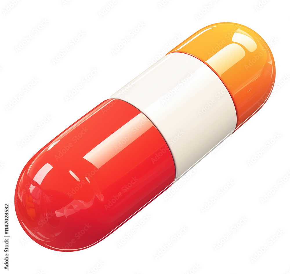 Poster vibrant red and orange capsule pill with glossy finish, isolated on transparency background, showcas