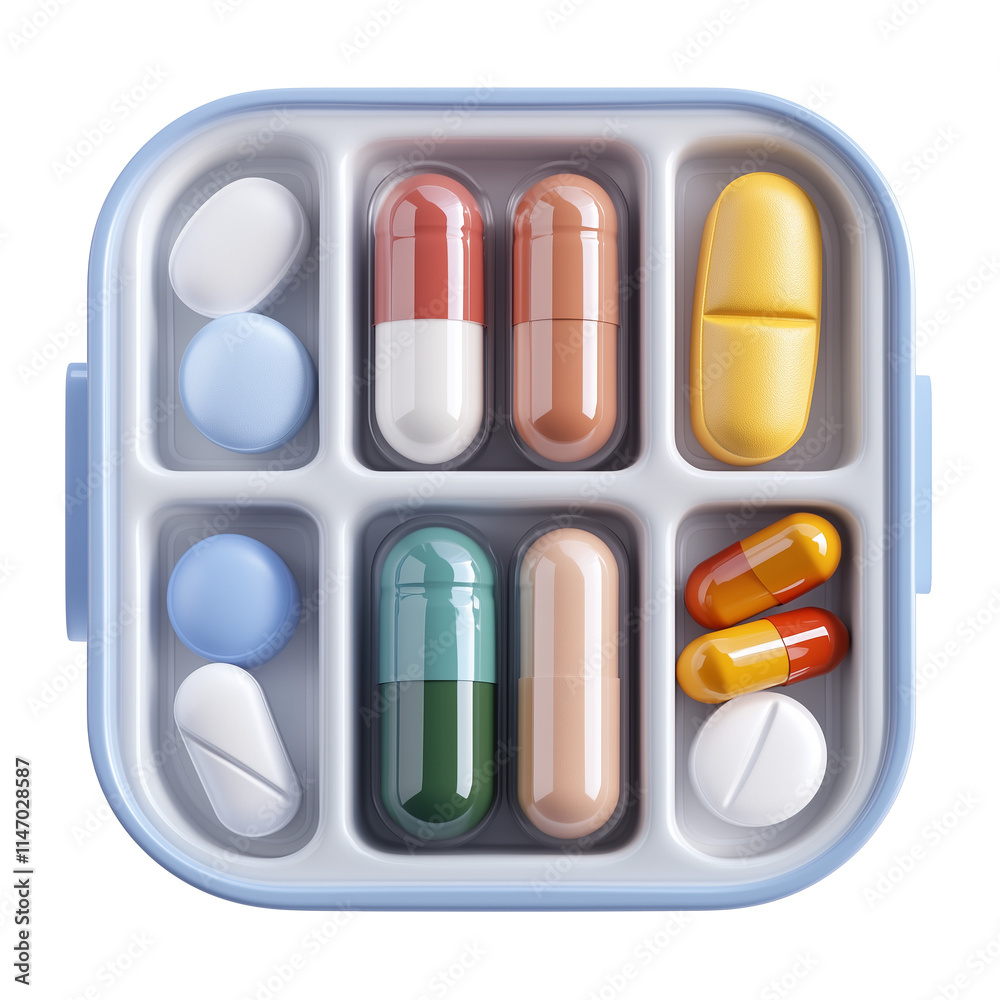 Poster 3D illustration of pill organizer with various colorful pills and capsules neatly arranged in compartments, isolated on transparency background