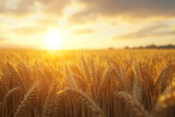 Fototapeta premium Beautiful sunset landscape with ripening wheat field.