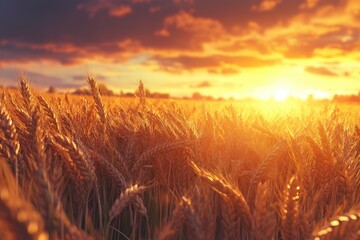 Beautiful sunset landscape with ripening wheat field.