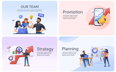 Presentation slide templates or hero banner images for websites, or apps. Our team, Promotion, strategy and planning business concepts. Business concept illustrations. Modern 3D style. Vector 3D
