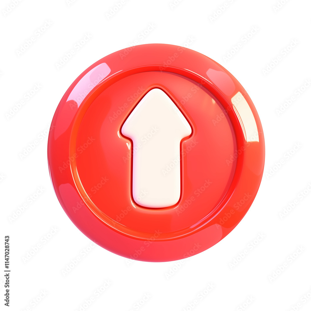 Poster 3D red button with white upward arrow symbol, isolated on transparency background, representing upload or increase action. glossy finish adds modern and vibrant touch