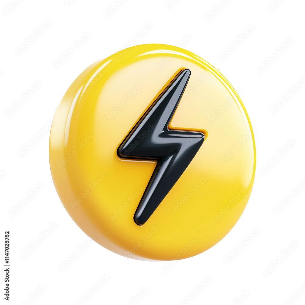 Poster 3d yellow circular icon with black lightning bolt symbol, representing energy or power, isolated on 
