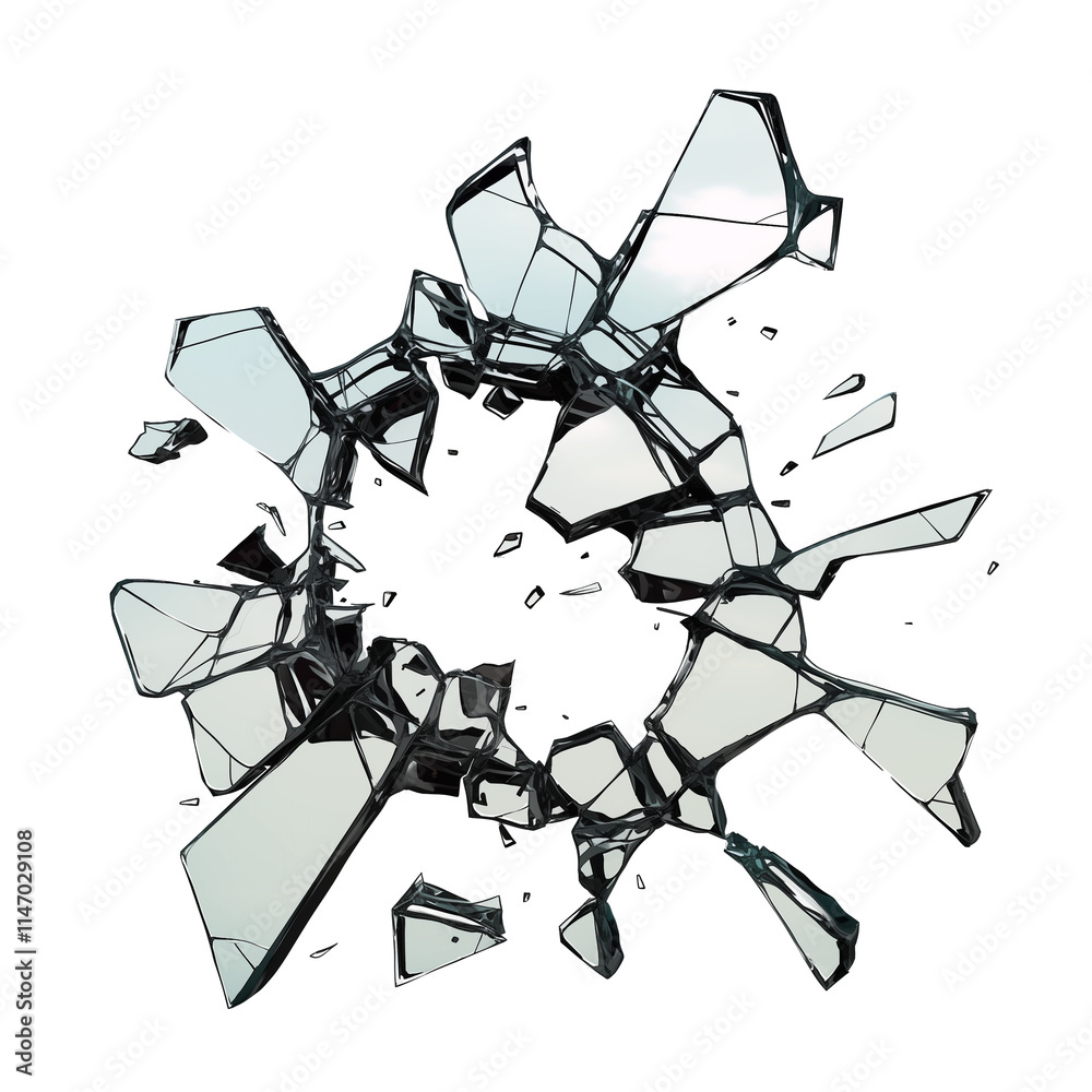Poster shattered glass effect with sharp, irregular fragments isolated on transparency background, creating dynamic and dramatic visual impact