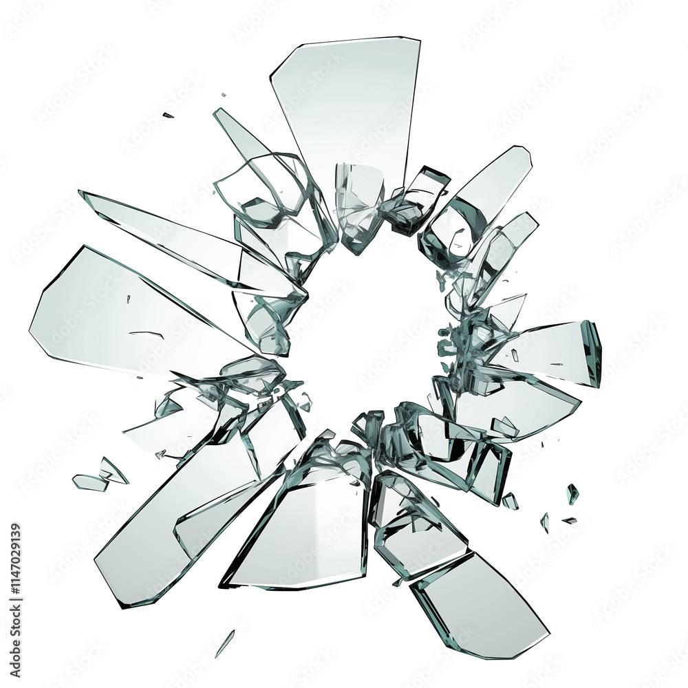 Poster Shattered glass in circular pattern, isolated on transparency background, showcasing sharp edges and broken fragments for dramatic effect