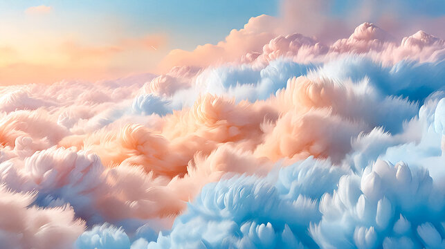 Ein heller Hintergrund mit weichen, wattigen Wolken, die von einer leichten Schneeschicht bedeckt sind. Die Farbpalette umfasst Wei&szlig;, Creme und zarte Blaut&ouml;ne. 