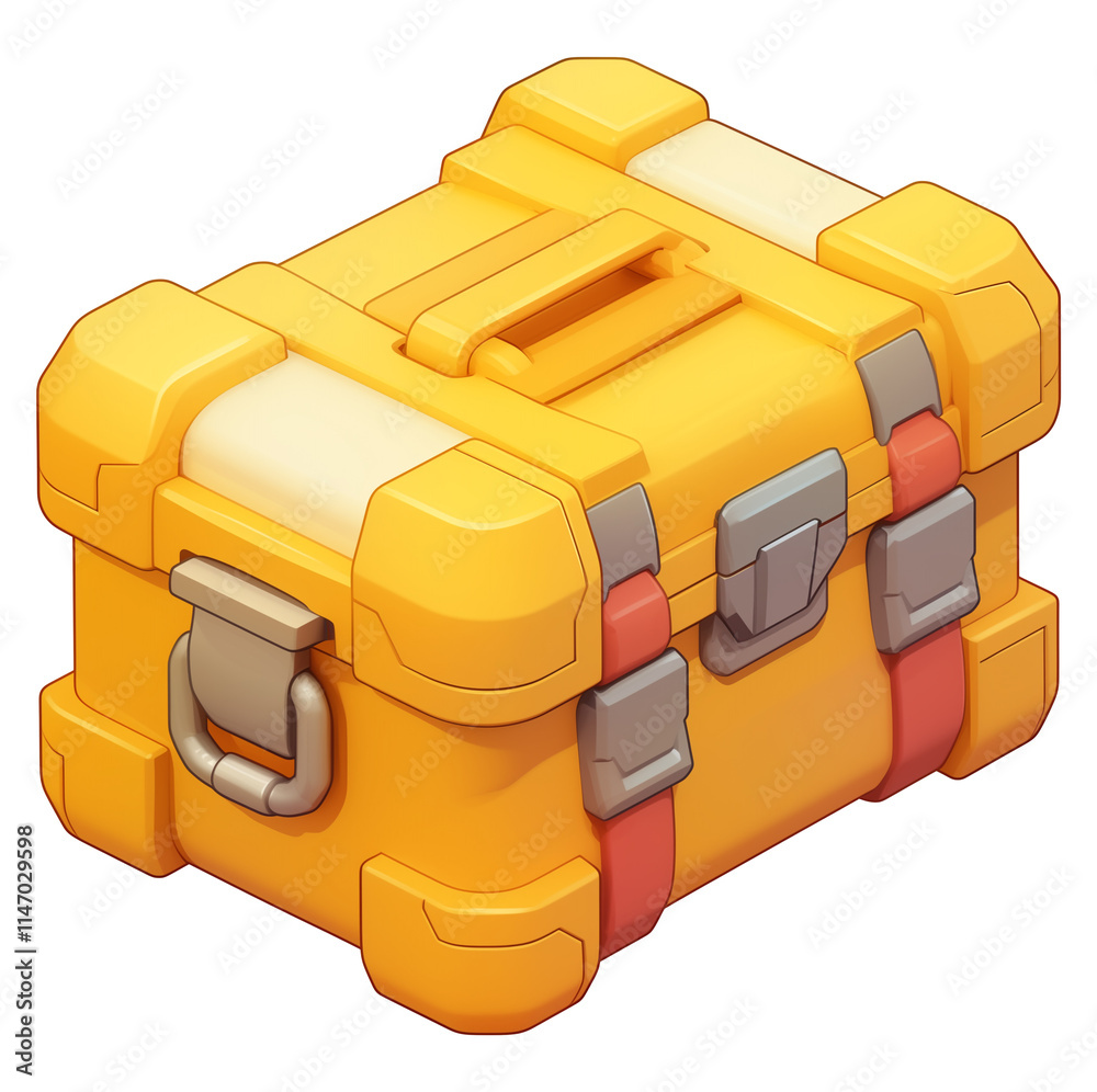 Poster vibrant yellow 3D cartoon storage box with metallic accents, featuring sturdy handle and latch, isolated on transparency background. design is playful and functional