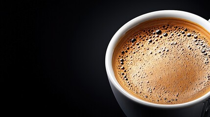 Close-up of espresso in white cup against black background.