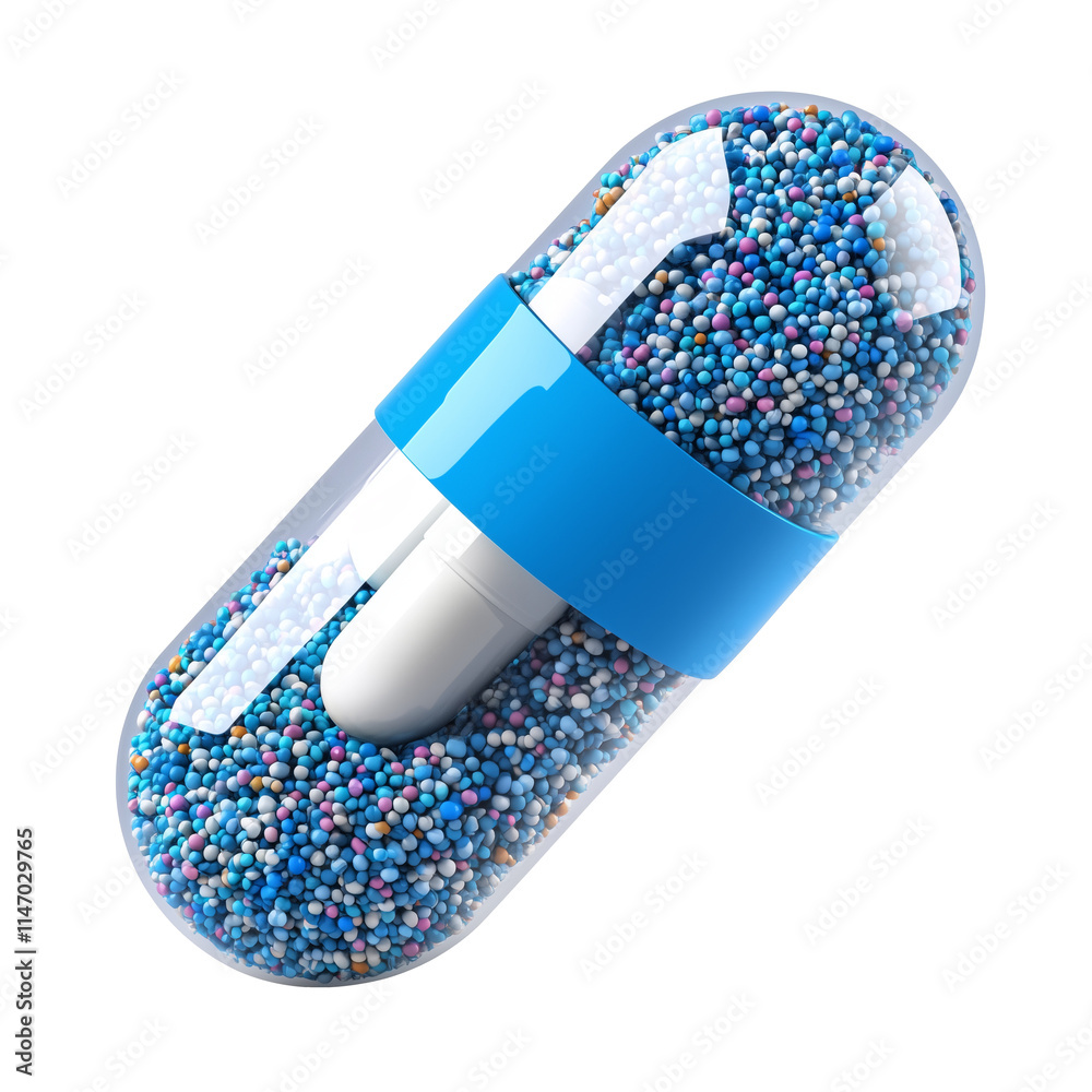 Poster colorful 3d rendered capsule with transparent shell, filled with vibrant multicolored beads, isolate