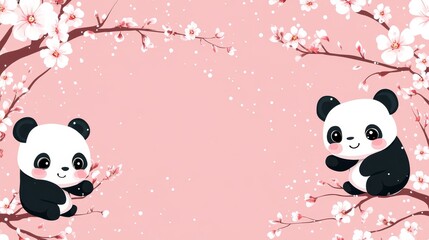 Obraz premium Cute pandas surrounded by cherry blossoms on a pink background, ideal for playful designs.