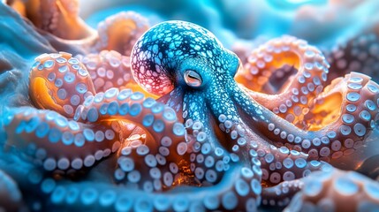 Obraz premium Vibrant blue and orange octopus in underwater scene.