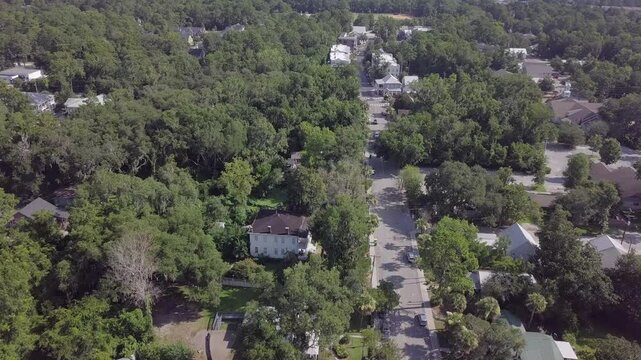 Aerial drone flyover of the old town of Bluffton, South Carolina, near Hilton Head.
