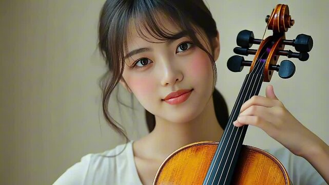 A young musician demonstrates her affinity for music while holding a violin gracefully. The warm lighting enhances the intimate atmosphere, highlighting her dedication