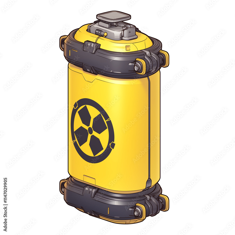 Poster futuristic yellow energy storage unit with radiation symbol, featuring sleek design and metallic acc
