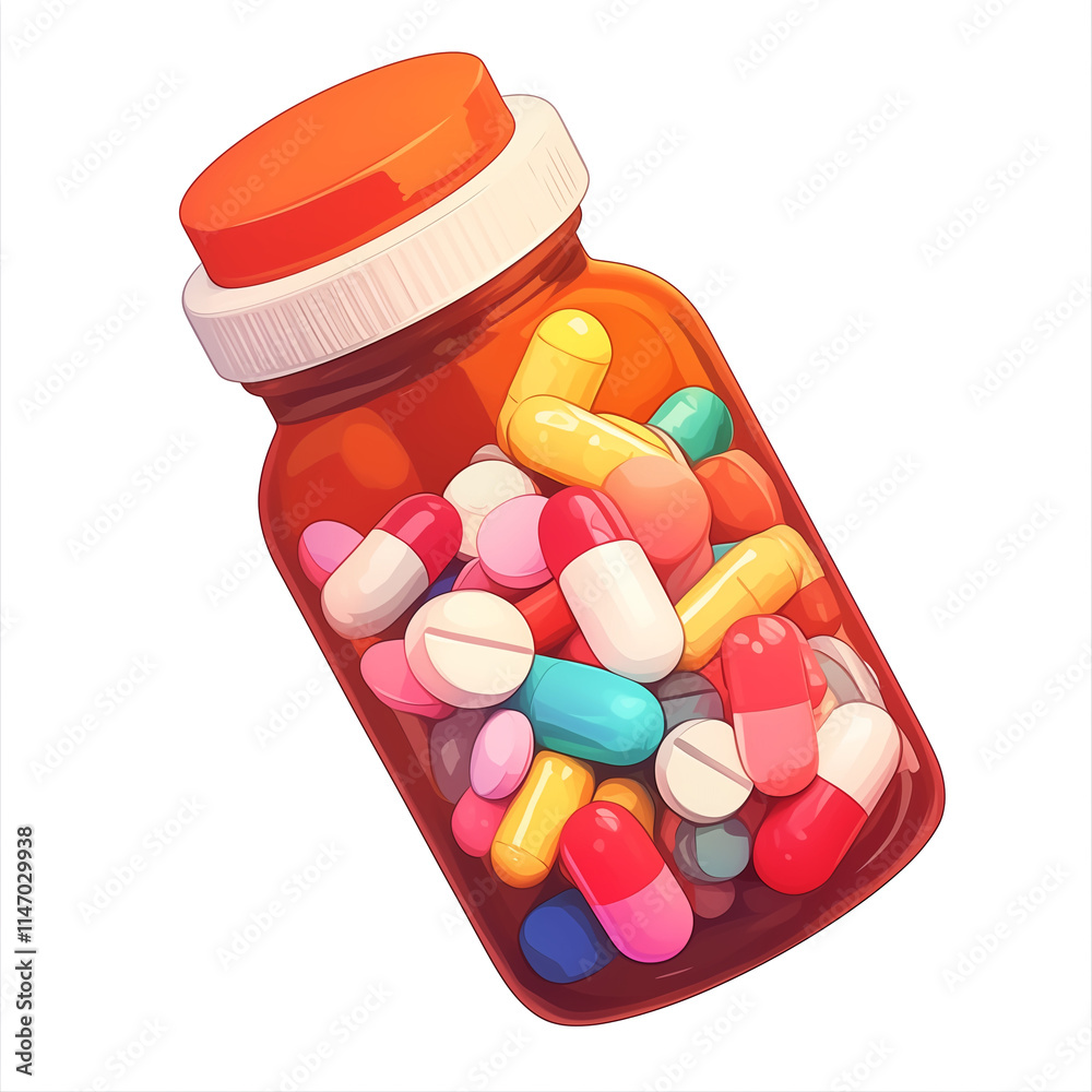 Poster colorful bottle of assorted pills and capsules, isolated on transparency background, showcasing vari