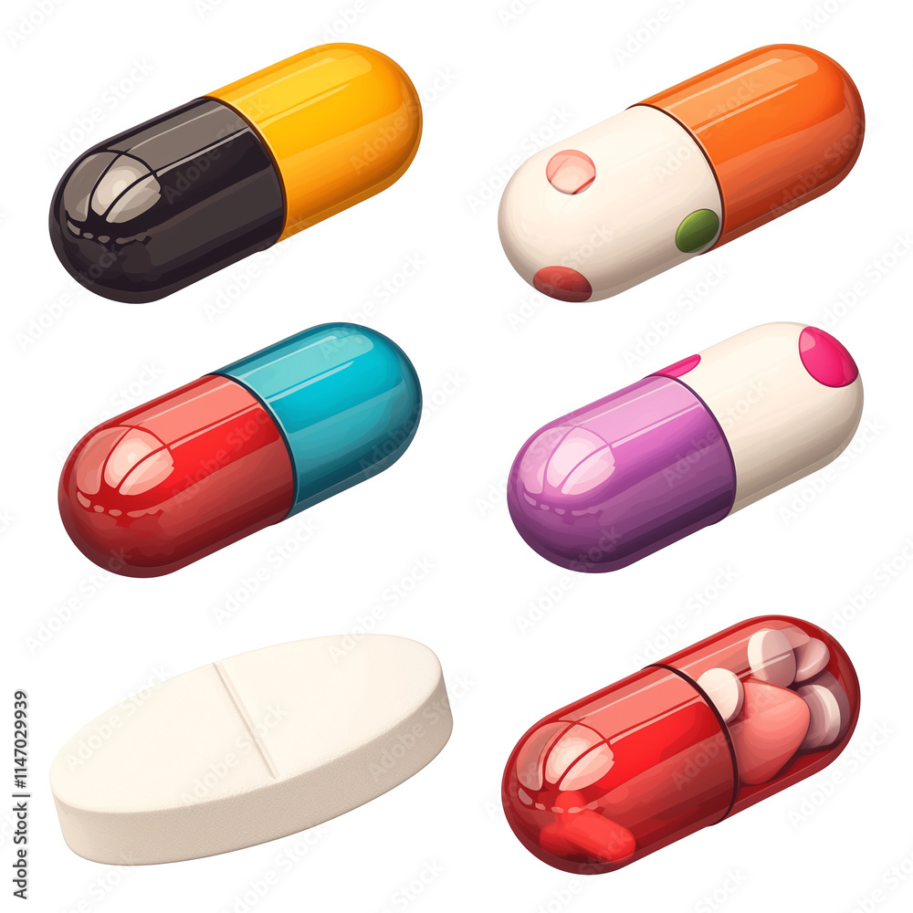 Poster colorful 3d rendered capsules and tablets isolated on transparency background, showcasing various de
