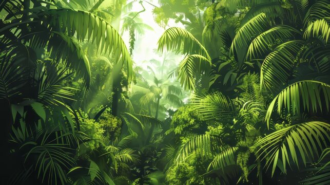 Dense tropical forest with tall and lush trees. - Powered by Adobe